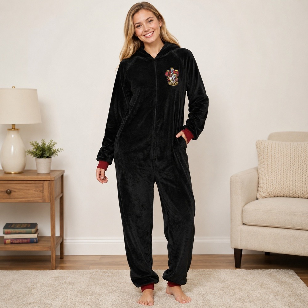 Harry Potter Gryffindor Juniors S/M Plush Hooded Union Suit Pajamas Black
